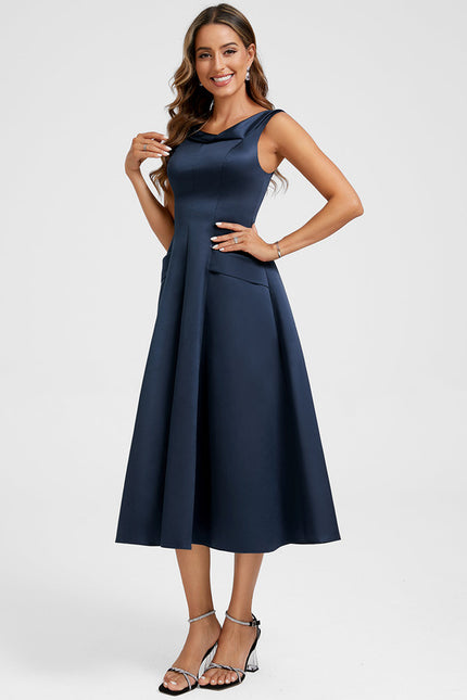 Robe Midi Satin Bleu Nuit - gallery 1