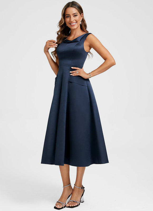 Robe Midi Satin Bleu Nuit - gallery 1
