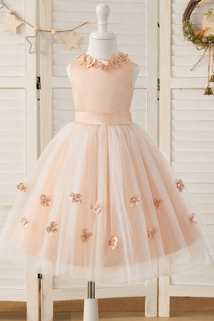 Robe Midi Satinée Pêche Tulle Fleuri - gallery 6