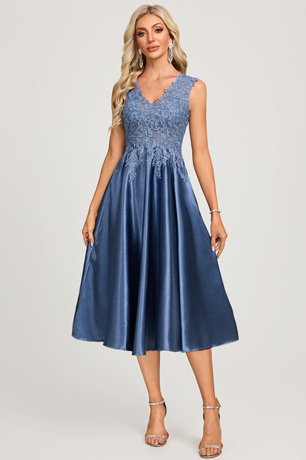 Robe Midi Col V Dentelle Bleu - gallery 3