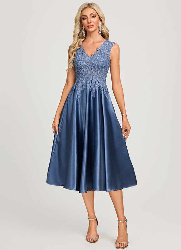 Robe Midi Col V Dentelle Bleu - gallery 3