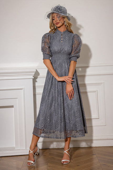 Robe Midi Grise En Dentelle - gallery 3