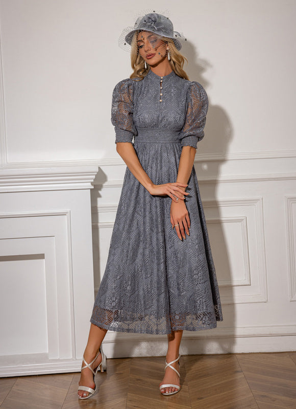 Robe Midi Grise En Dentelle - gallery 3