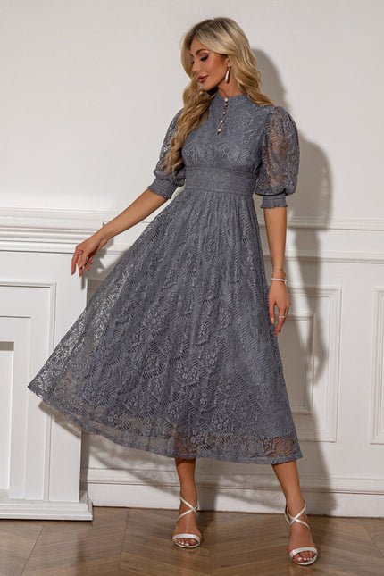 Robe Midi Grise En Dentelle - gallery 1