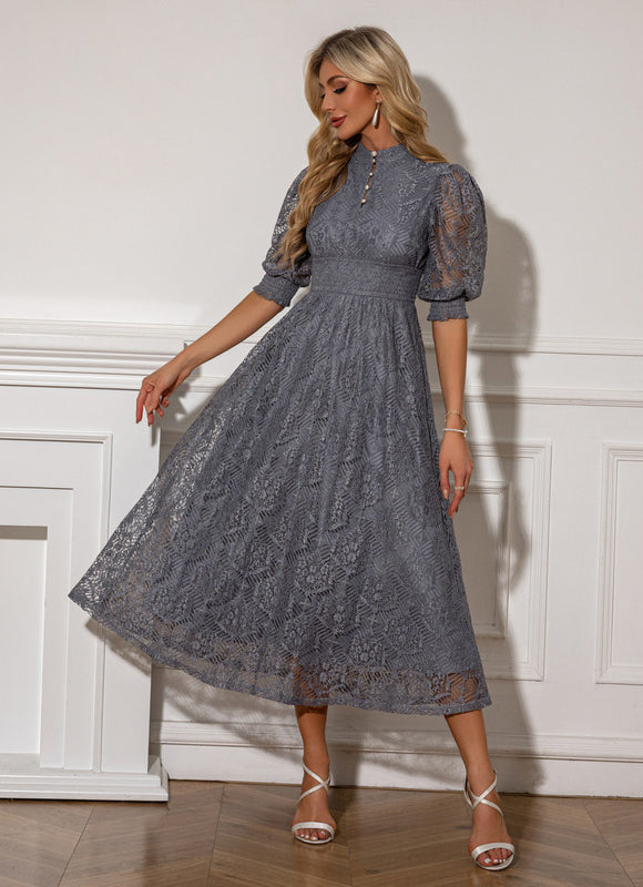 Robe Midi Grise En Dentelle - gallery 1