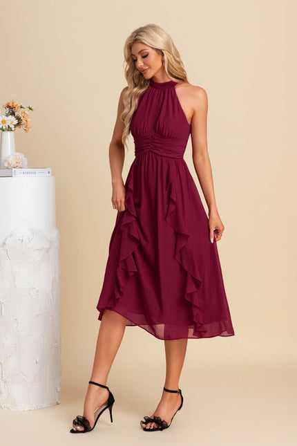 Robe Midi Trapèze Volants Bordeaux - gallery 2
