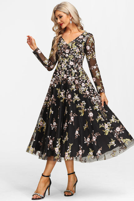 Robe Midi Élegante Noir Floral - gallery 3