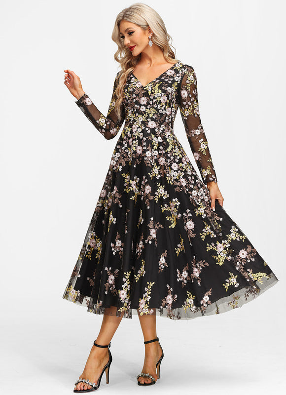 Robe Midi Élegante Noir Floral - gallery 3