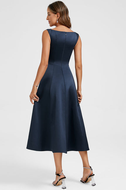 Robe Midi Satin Bleu Nuit - gallery 5