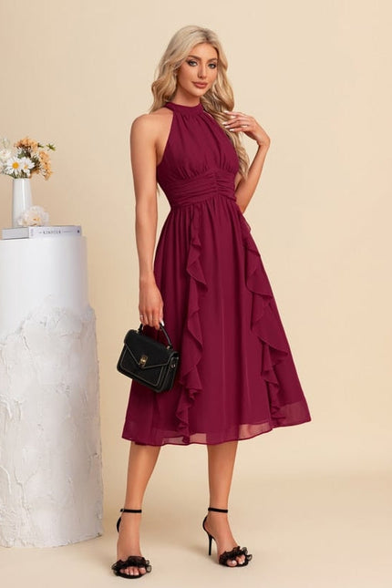 Robe Midi Trapèze Volants Bordeaux - gallery 3