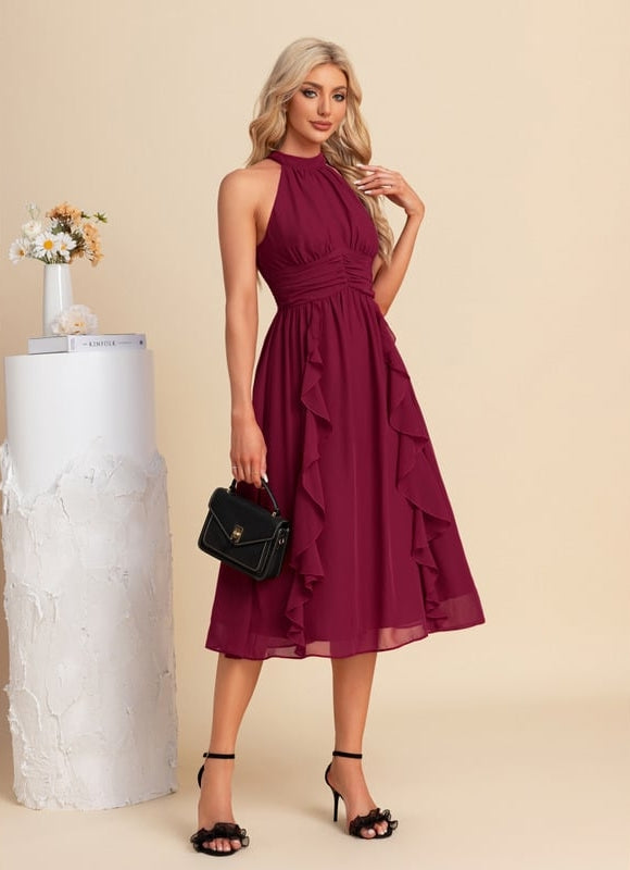 Robe Midi Trapèze Volants Bordeaux - gallery 3