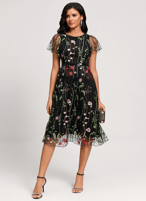 Robe Midi Fleurie Noire - gallery 1