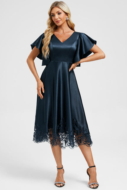 Robe Midi Col V Dentelle Bleu - gallery 2