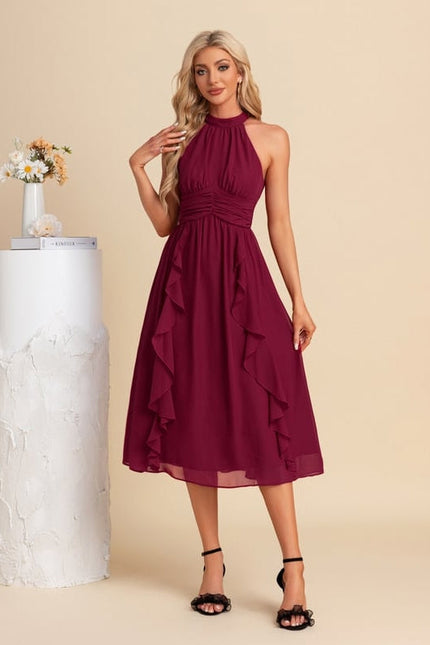 Robe Midi Trapèze Volants Bordeaux