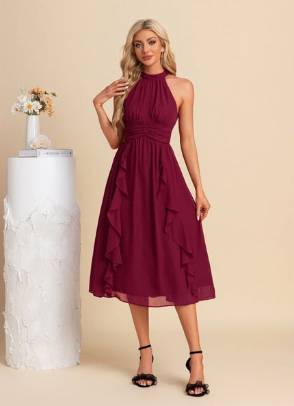 Robe Midi Trapèze Volants Bordeaux
