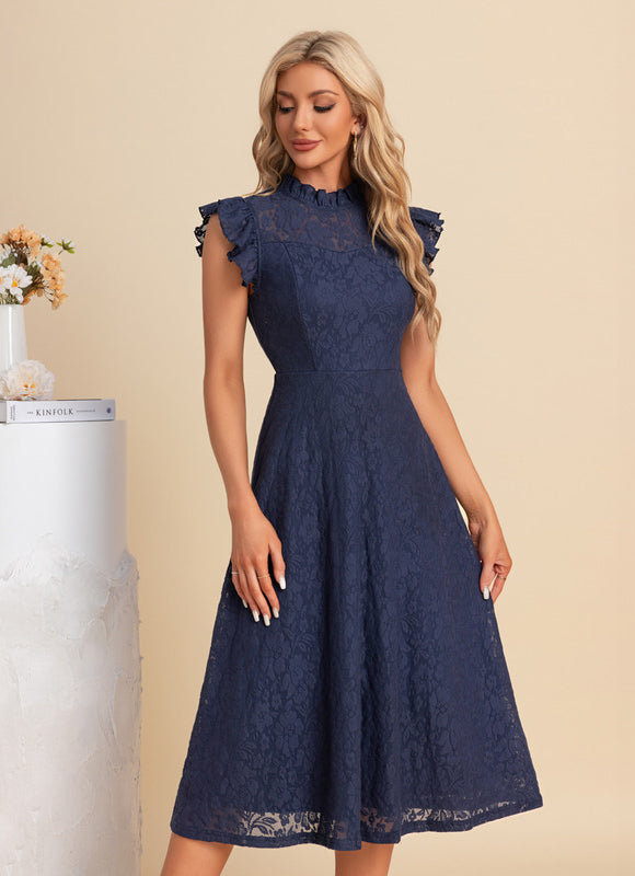 Robe Midi Grise En Dentelle - gallery 1