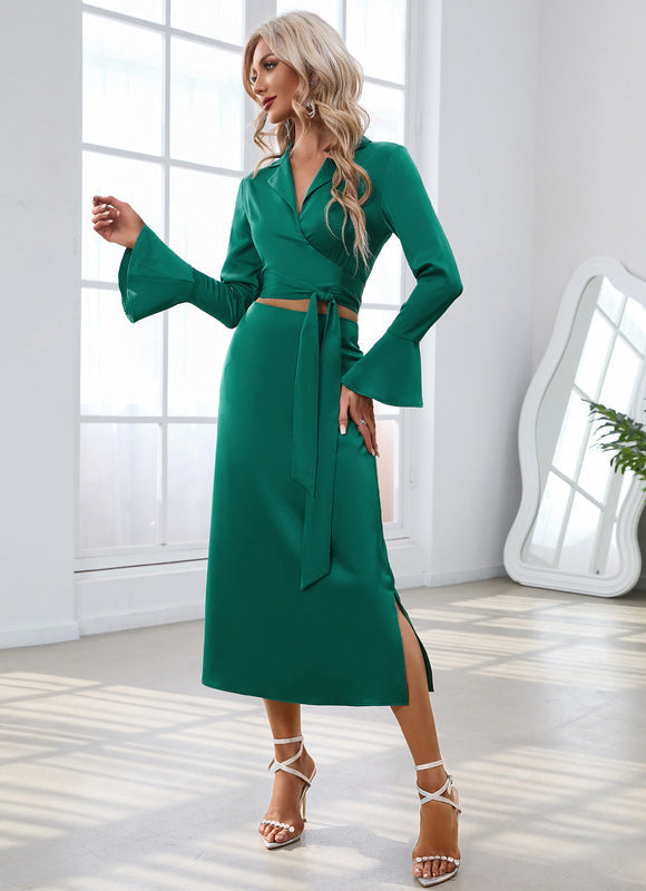 Robe Midi Satinée À Manches Évasées