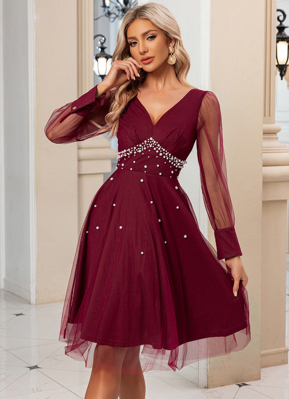 Robe Midi Bordeaux Tulle Perlée - gallery 3
