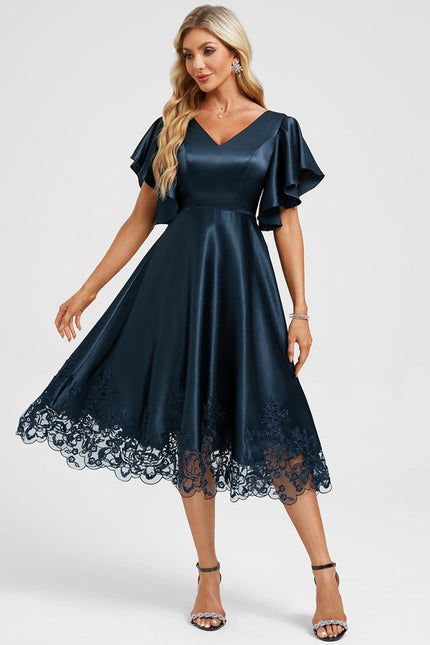 Robe Midi Col V Dentelle Bleu - gallery 3