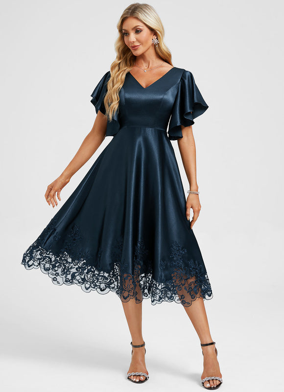 Robe Midi Col V Dentelle Bleu - gallery 3