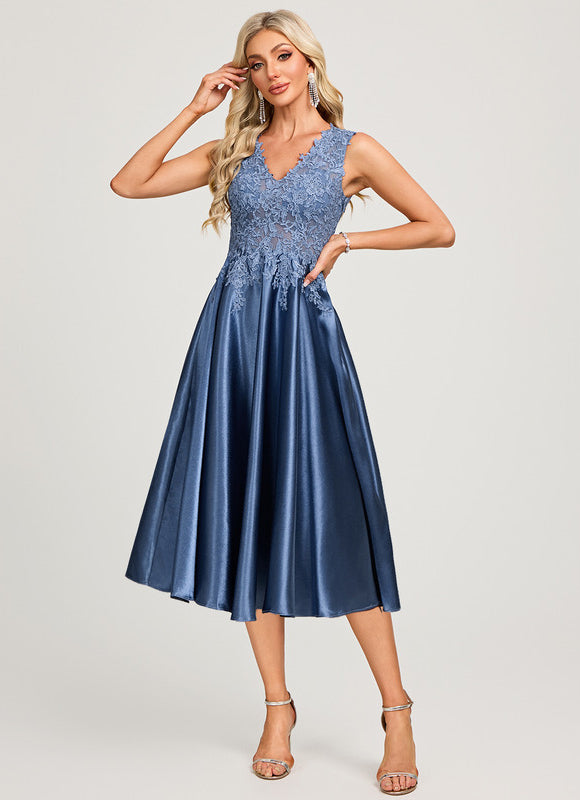 Robe Midi Col V Dentelle Bleu