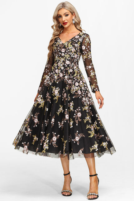 Robe Midi Élegante Noir Floral