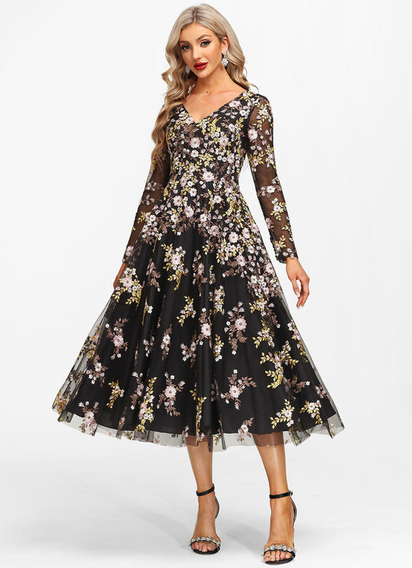 Robe Midi Élegante Noir Floral