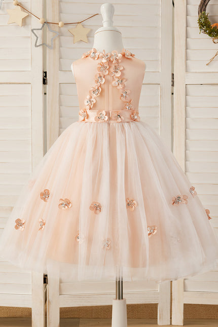 Robe Midi Satinée Pêche Tulle Fleuri - gallery 9
