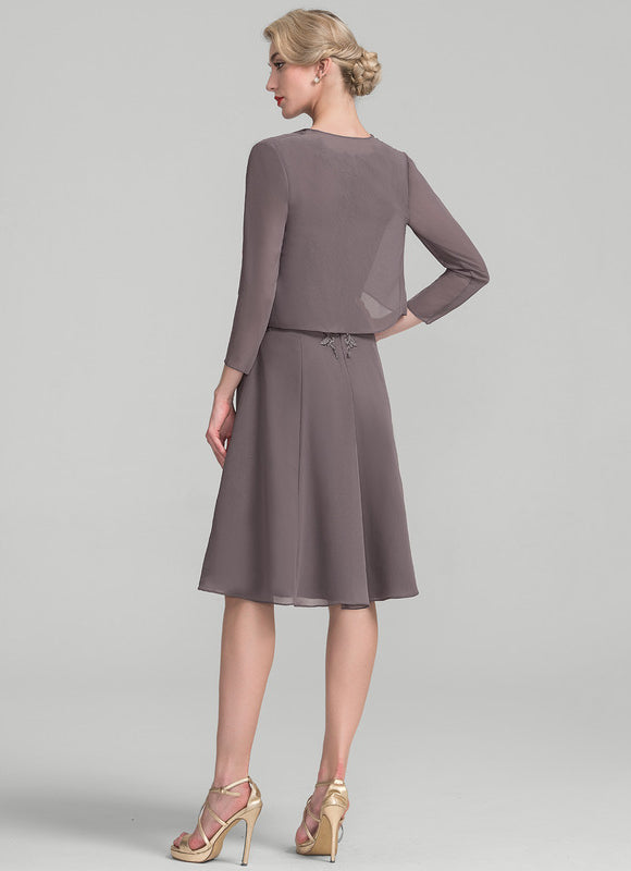 Robe Midi Taupe Col Rond Dentelle - gallery 4