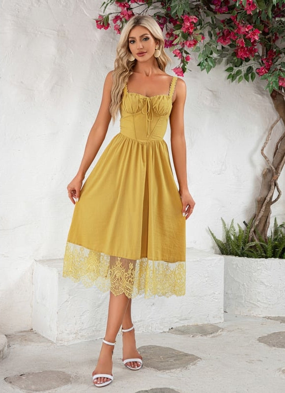 Robe Midi Midi Dentelle Jaune - gallery 3