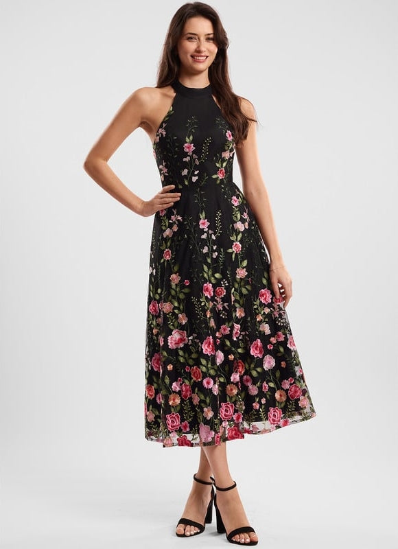 Robe Midi Noire Florale Élégante - gallery 1