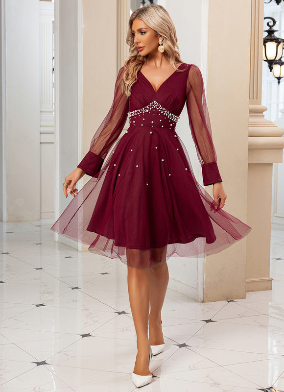 Robe Midi Bordeaux Tulle Perlée - gallery 2