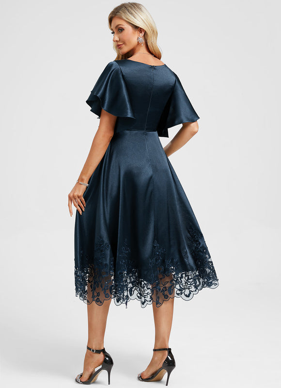 Robe Midi Col V Dentelle Bleu - gallery 6