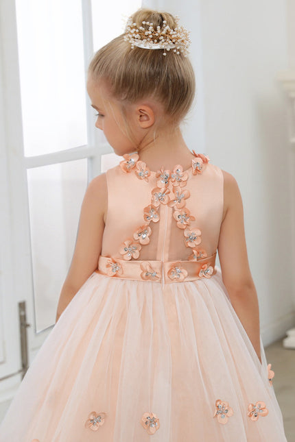 Robe Midi Satinée Pêche Tulle Fleuri - gallery 5