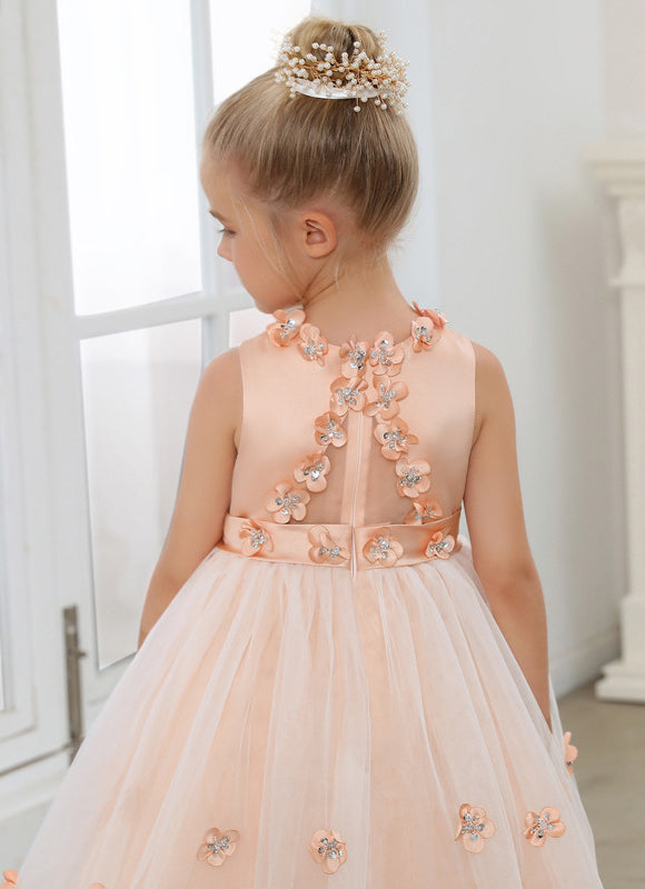 Robe Midi Satinée Pêche Tulle Fleuri - gallery 5