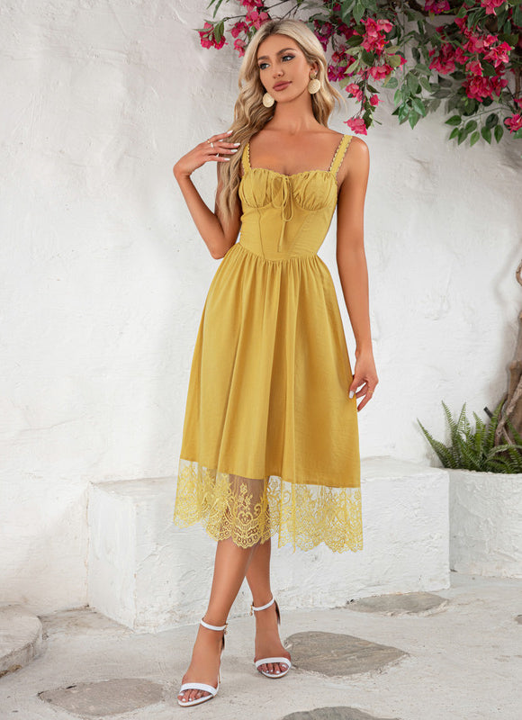 Robe Midi Midi Dentelle Jaune - gallery 1