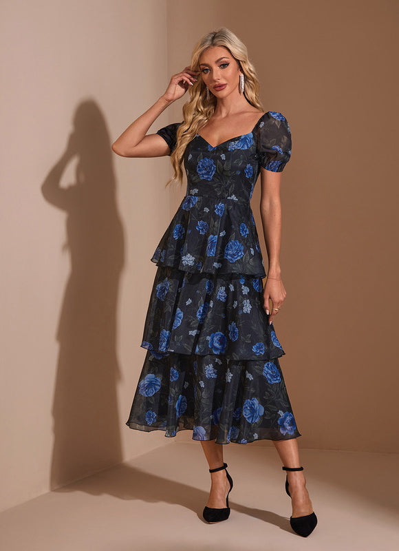 Robe Midi Midi Volants Bleu
