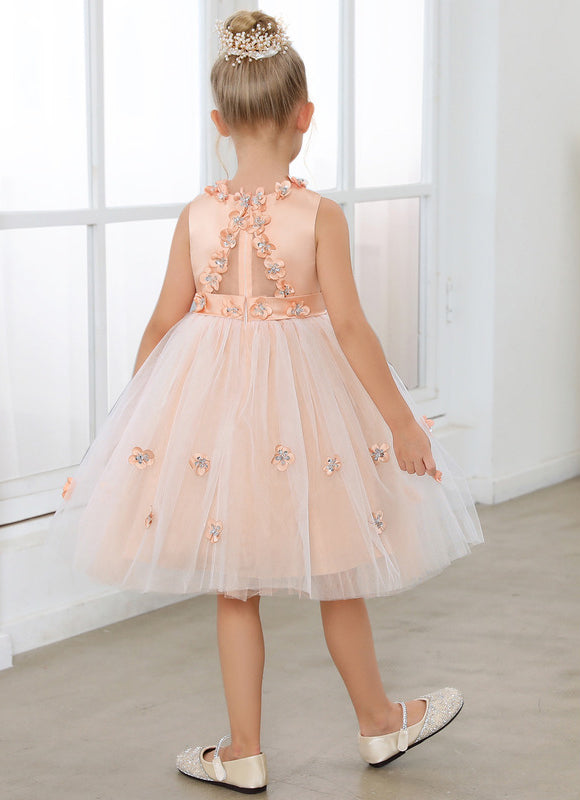 Robe Midi Satinée Pêche Tulle Fleuri - gallery 3