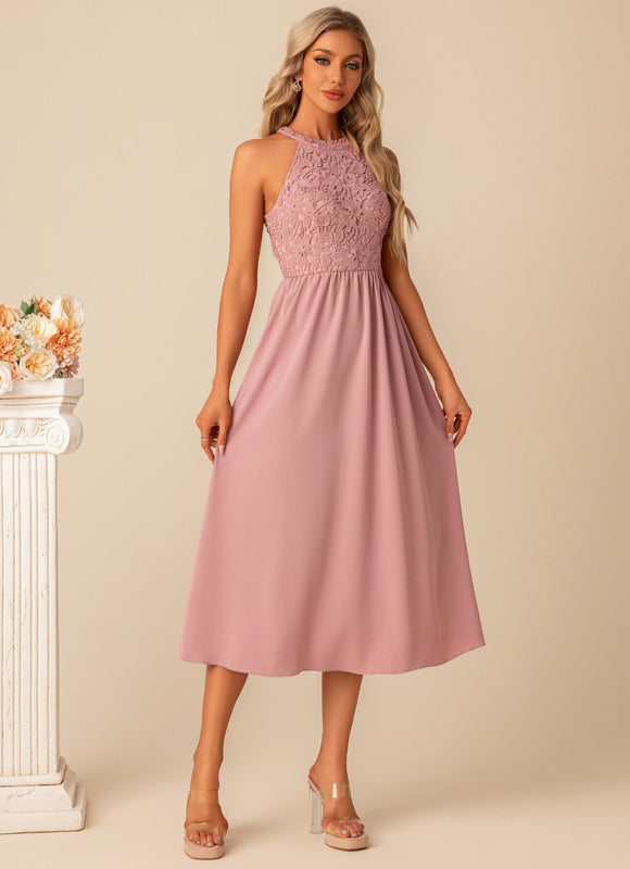 Robe Midi Midi Dentelle Rose - gallery 1