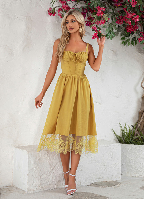 Robe Midi Midi Dentelle Jaune - gallery 4