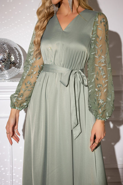 Robe Midi Satin Verte À Manches Brodées - gallery 2