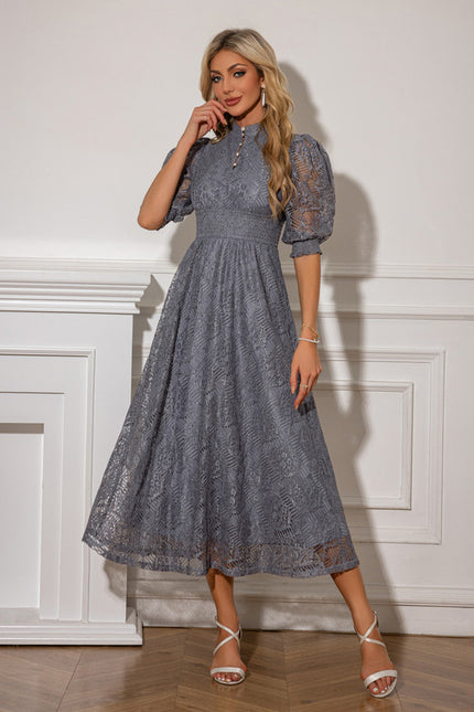 Robe Midi Grise En Dentelle - gallery 5
