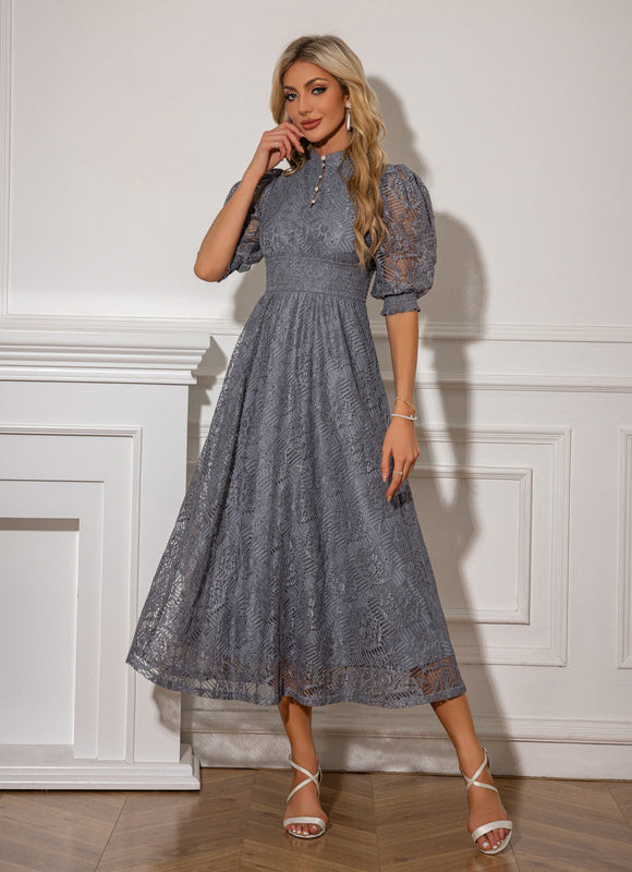 Robe Midi Grise En Dentelle - gallery 5