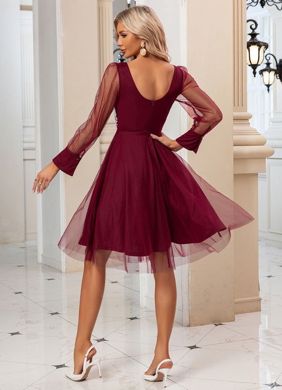 Robe Midi Bordeaux Tulle Perlée - gallery 1