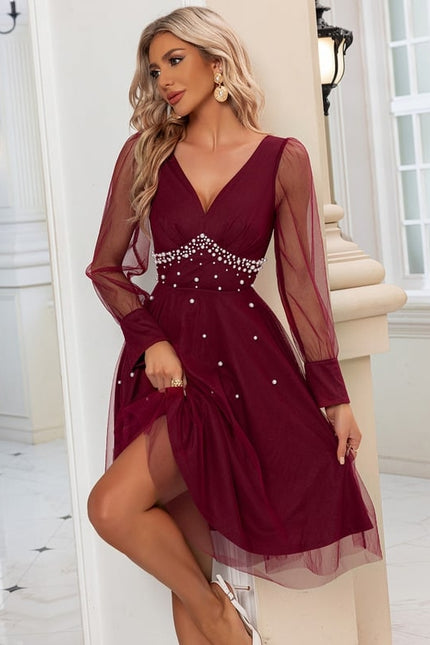 Robe Midi Bordeaux Tulle Perlée - gallery 5