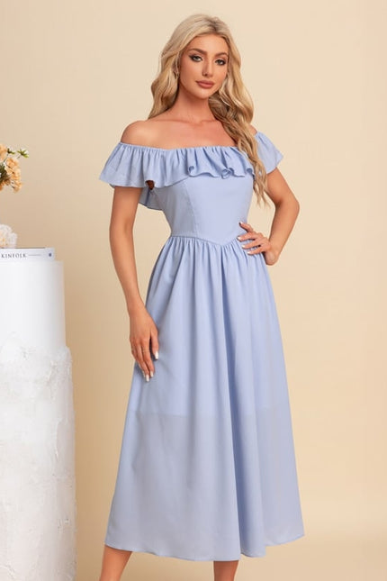 Robe Midi Bleu Ciel À Volants - gallery 2