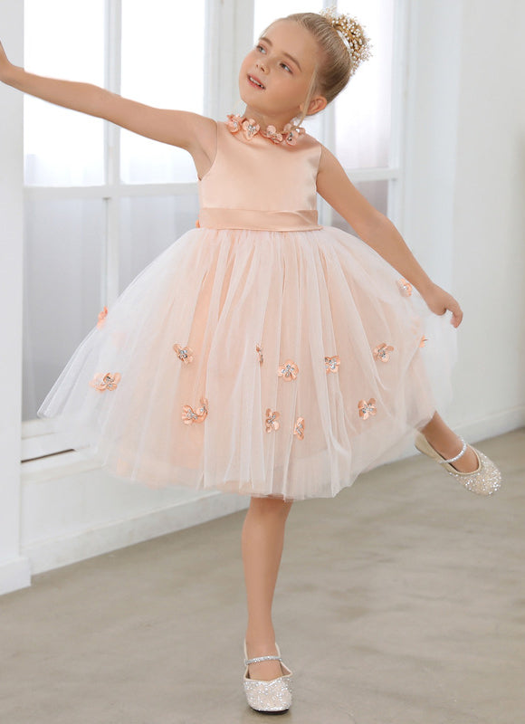 Robe Midi Satinée Pêche Tulle Fleuri - gallery 2