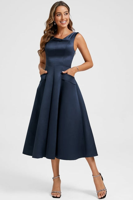 Robe Midi Satin Bleu Nuit - gallery 4