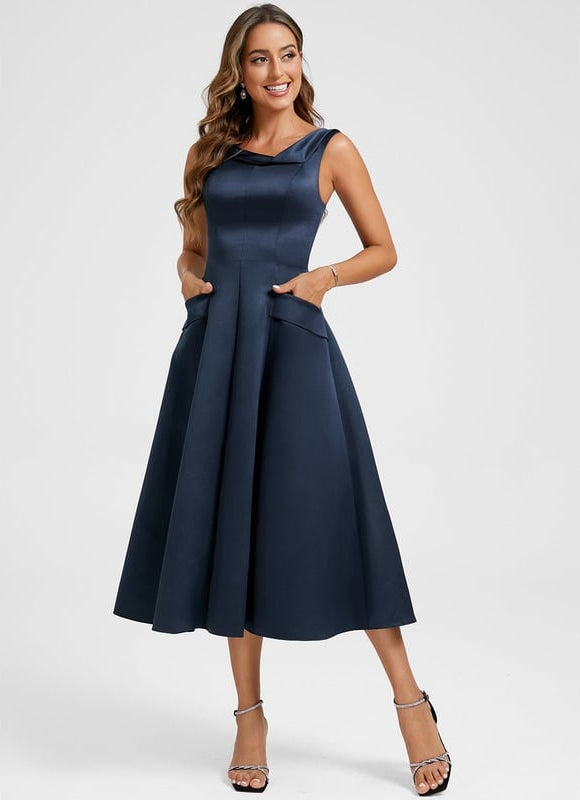 Robe Midi Satin Bleu Nuit - gallery 4