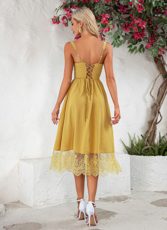 Robe Midi Midi Dentelle Jaune - gallery 2